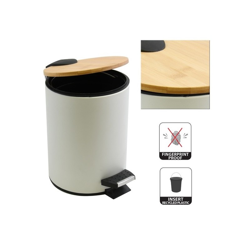 Spirella Pedal Bin Steel & Bamboo ADONIS 5L White Spirella