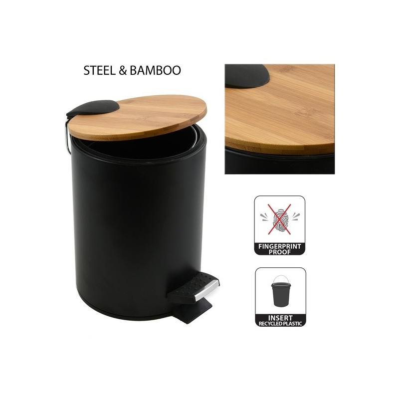 Spirella Cubo de pedal Acero y Bambú ADONIS 3L Negro Spirella