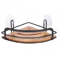 MSV Estante de ducha de esquina con ventosas HIKO Bamboo & Black Steel MSV