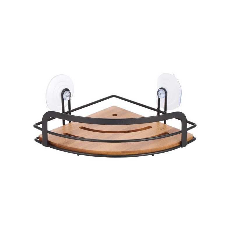 MSV Estante de ducha de esquina con ventosas HIKO Bamboo & Black Steel MSV