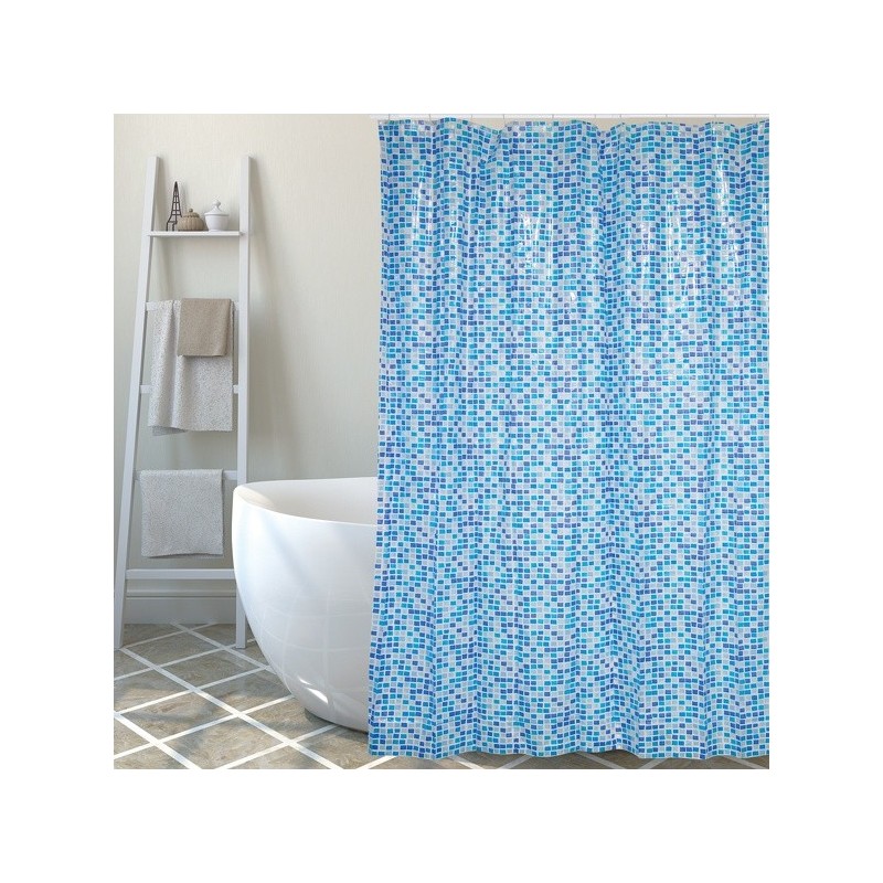 MSV Shower curtain MOSAIC PVC 180x200cm Blue - Rings included MSV