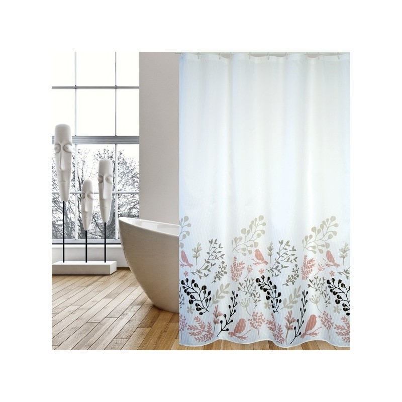MSV Shower curtain BIRDS Polyester 180x200cm PREMIUM QUALITY Beige & White Patterns - Rings included MSV