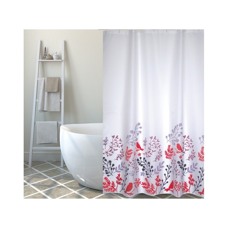 MSV Tenda doccia BIRDS in poliestere 180x200 cm QUALITÀ PREMIUM Motivi rossi e bianchi - Anelli inclusi MSV