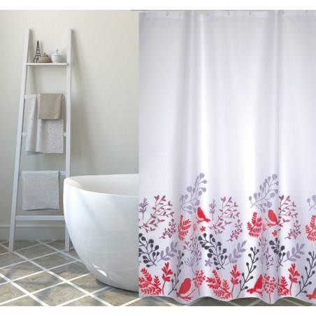 MSV Duschvorhang BIRDS aus Polyester, 180 x 200 cm, Premium-Qualität, rote und weiße Muster  Ringe inklusive MSV