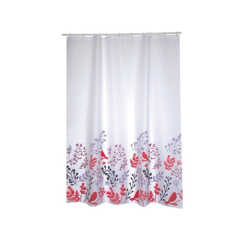 MSV Cortina de ducha Poliéster BIRDS de 180x200cm CALIDAD PREMIUM Motivos Rojos y Blancos - Anillas incluidas MSV