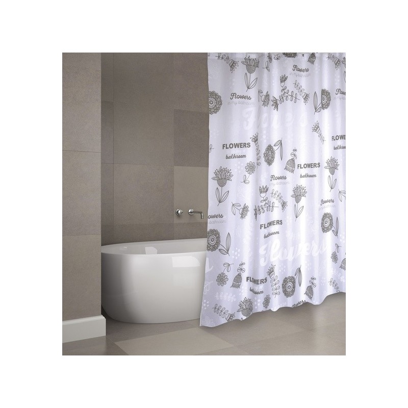MSV Shower curtain Polyester FLOWERS 180x200cm PREMIUM QUALITY Gray & White - Rings included MSV