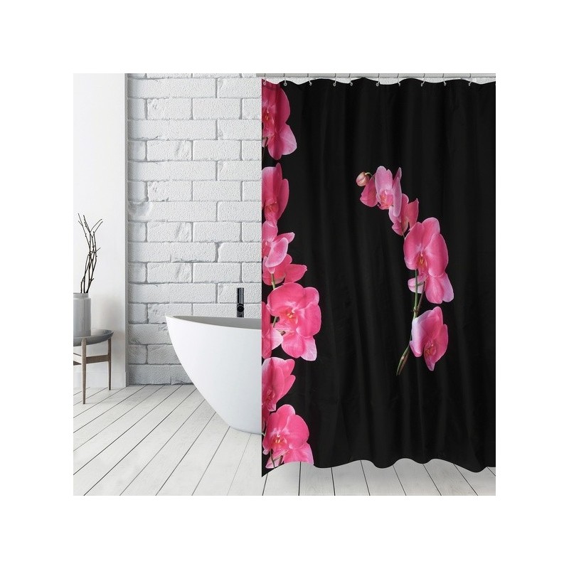 Rideau de douche Polyester LANYU 180x200cm Motif Fleurs Noir & Rose - Anneaux inclus MSV MSV