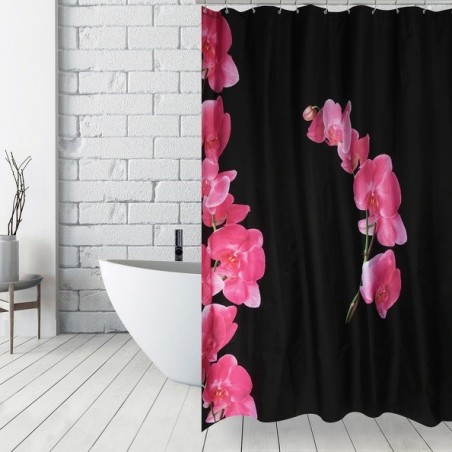 MSV Tenda doccia LANYU in poliestere 180x200 cm Motivo floreale nero e rosa - Anelli inclusi MSV