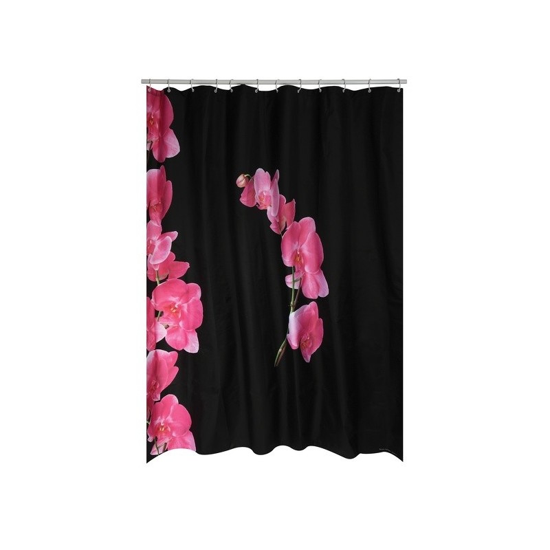 MSV Shower curtain LANYU Polyester 180x200cm Black & Pink Flowers Pattern - Rings Included MSV