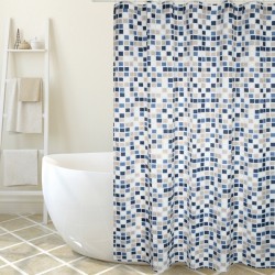 MSV Shower curtain Polyester MOSAIKO 180x200cm PREMIUM QUALITY Blue & Beige - Rings included MSV