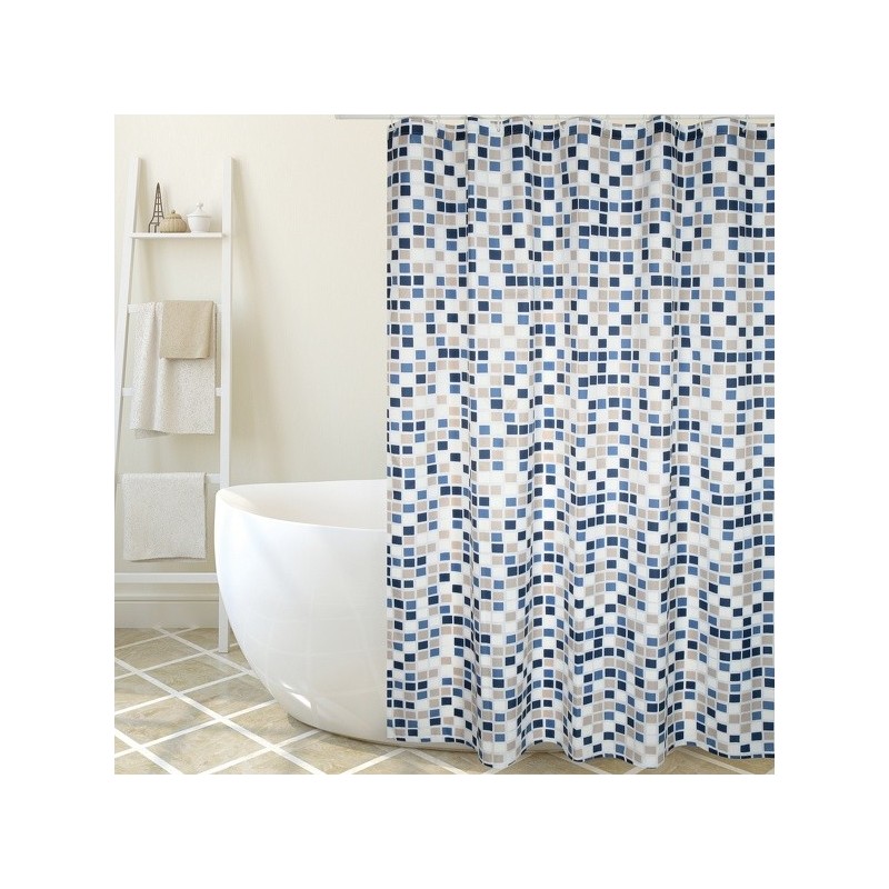 MSV Tenda doccia Poliestere MOSAIKO 180x200cm PREMIUM QUALITY Blu & Beige - Anelli inclusi MSV