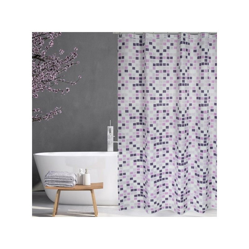 MSV Tenda doccia Poliestere MOSAIKO 180x200cm PREMIUM QUALITY Viola - Anelli inclusi MSV