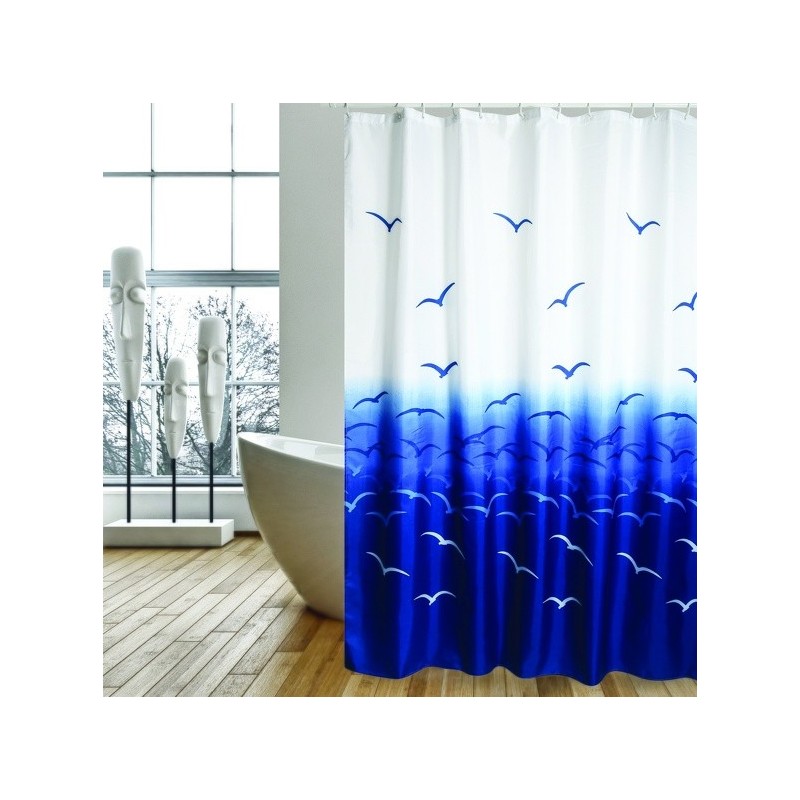 MSV Tenda doccia in Poliestere 180x200cm Gabbiani Blu e Bianchi - Anelli Inclusi MSV
