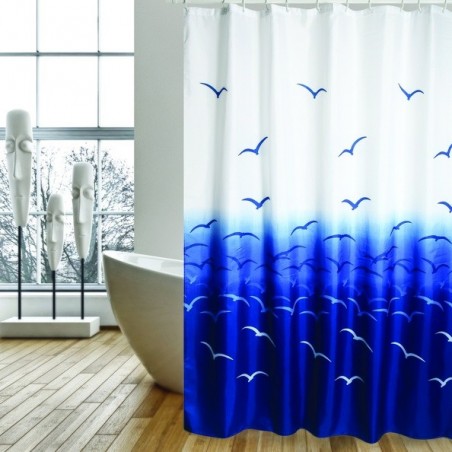 MSV Cortina de ducha Poliéster 180x200 Gaviotas Azules y Blancas - Anillas Incluidas MSV