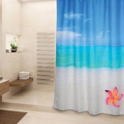 MSV Cortina de ducha Poliéster 180x200cm Estampado Paraíso Azul y Blanco - Anillas Incluidas MSV