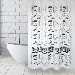 MSV Cortina de ducha Poliéster BARBER SHOP 180x200cm CALIDAD PREMIUM Blanco y Negro - Anillas incluidas MSV