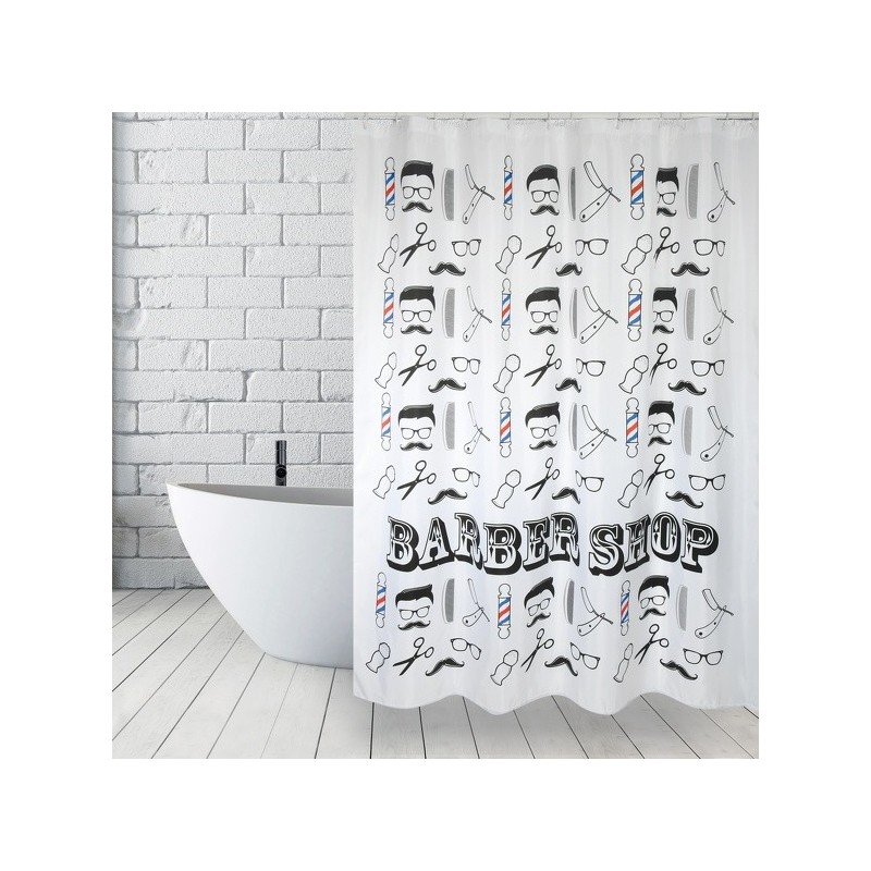 MSV Tenda doccia Poliestere BARBER SHOP 180x200cm PREMIUM QUALITY Nero & Bianco - Anelli inclusi MSV