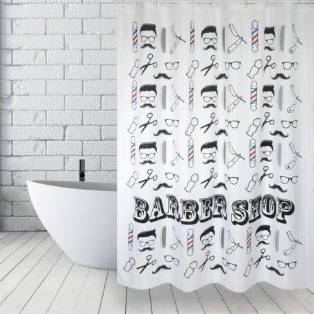 MSV Cortina de ducha Poliéster BARBER SHOP 180x200cm CALIDAD PREMIUM Blanco y Negro - Anillas incluidas MSV