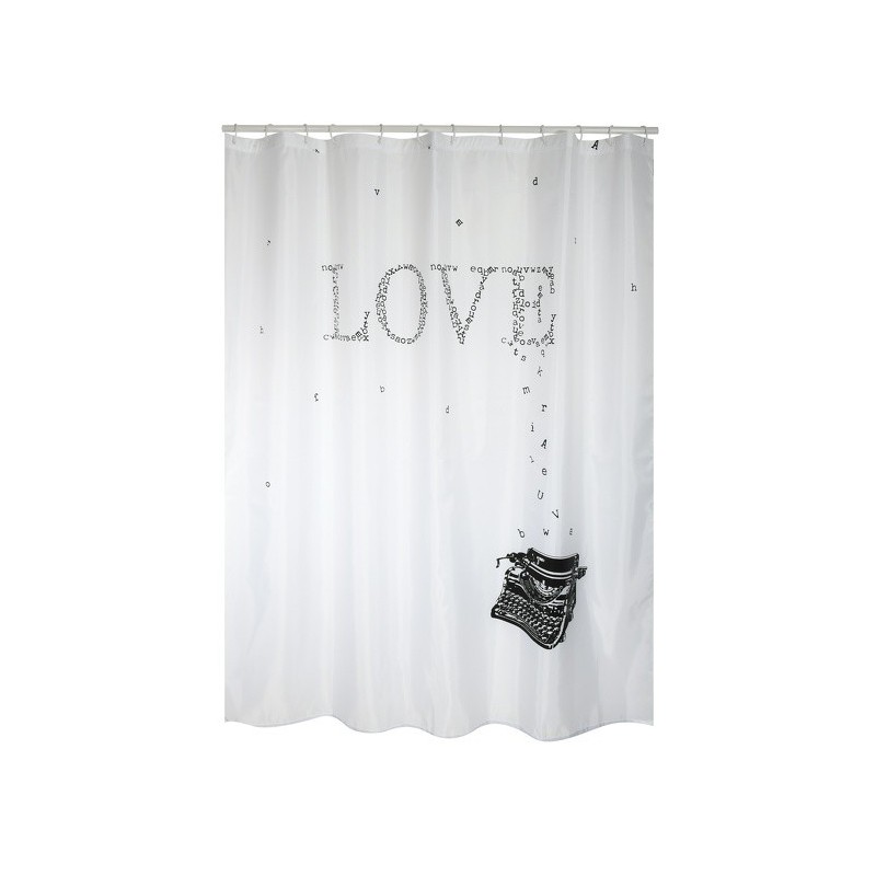 MSV Tenda doccia in poliestere TYPE WRITER 180x200cm QUALITÀ PREMIUM Bianco e nero - Anelli inclusi MSV