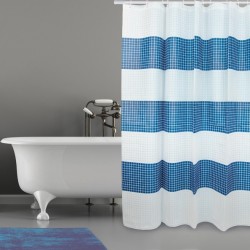 MSV Cortina de ducha Poliéster QUADRO 180x200cm CALIDAD PREMIUM Azul y Blanco - Anillas incluidas MSV