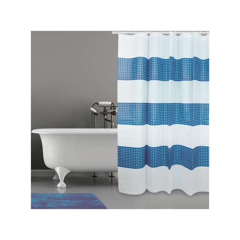 MSV Cortina de ducha Poliéster QUADRO 180x200cm CALIDAD PREMIUM Azul y Blanco - Anillas incluidas MSV
