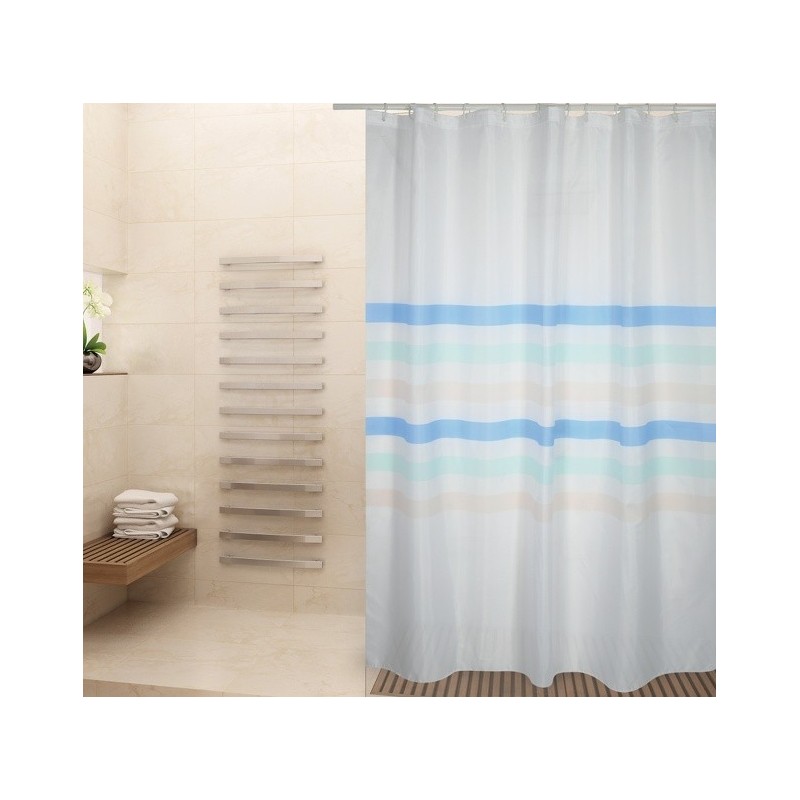 MSV Cortina de ducha Poliéster SEAUVILLE PASTEL 180x200cm CALIDAD PREMIUM Azul y Blanco - Anillas incluidas MSV