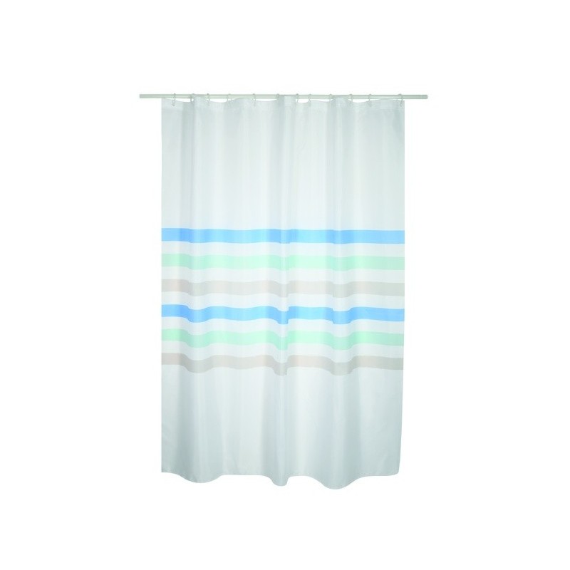 MSV Cortina de ducha Poliéster SEAUVILLE PASTEL 180x200cm CALIDAD PREMIUM Azul y Blanco - Anillas incluidas MSV