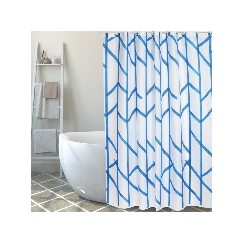 MSV Tenda doccia Poliestere ALBERO 180x200cm QUALITÀ PREMIUM Blu e Bianco - Anelli inclusi MSV