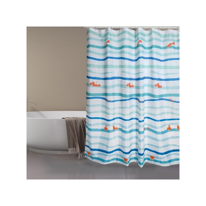 MSV Duschvorhang Polyester- DEEP OCEAN 180 x 200 cm Blau & Weiß - Ringe inklusive MSV