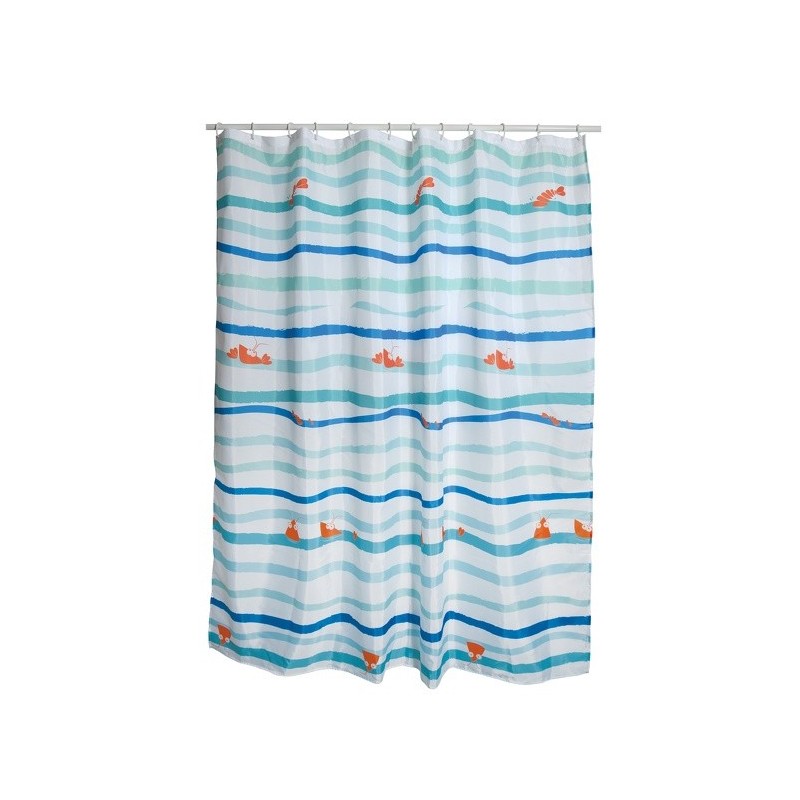 MSV Cortina de ducha PoliésterEP OCEAN 180x200cm Azul y Blanco - Anillas incluidas MSV
