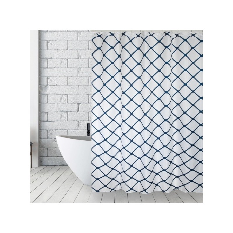 MSV Cortina de ducha Poliéster GRANADA 180x200cm CALIDAD PREMIUM Blanco y Azul - Anillas incluidas MSV