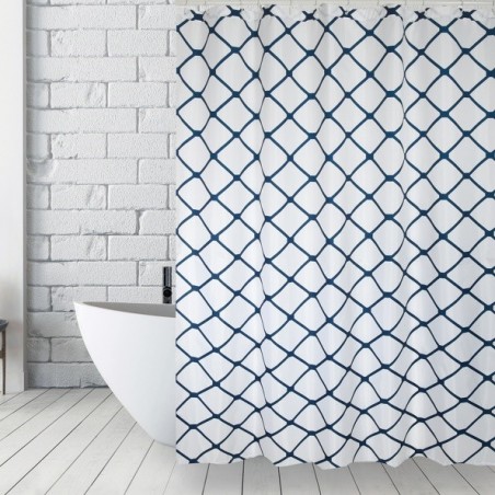 MSV Cortina de ducha Poliéster GRANADA 180x200cm CALIDAD PREMIUM Blanco y Azul - Anillas incluidas MSV