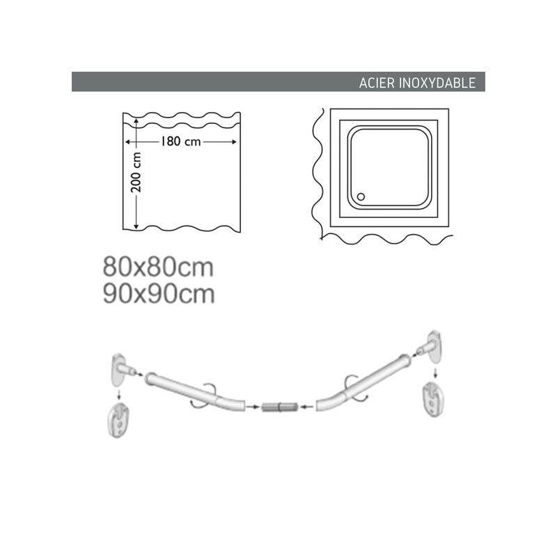 MSV Asta per tenda doccia curva da fissare in Alu 80x80cm Cromo MSV
