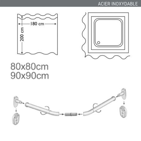 MSV Duschvorhangstangen für gebogenen Duschvorhang zum Befestigen aus Edelstahl 80x80cm MSV