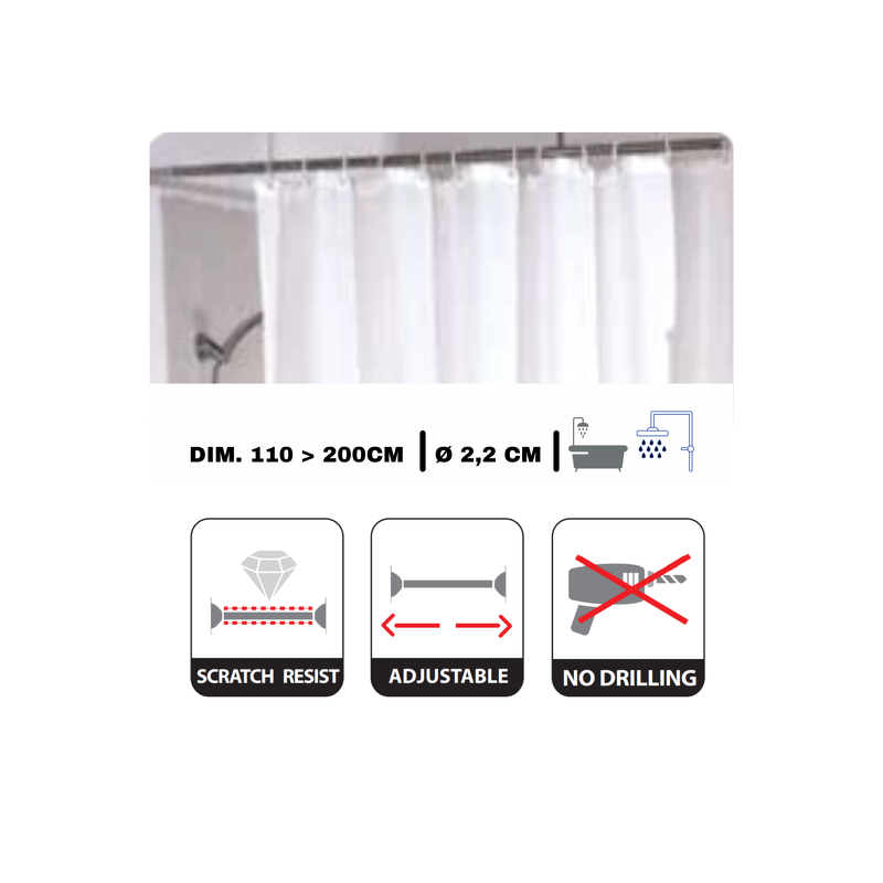 MSV barra per tenda doccia o vasca estensibile senza foratura 110-200cm Acciaio inox MSV