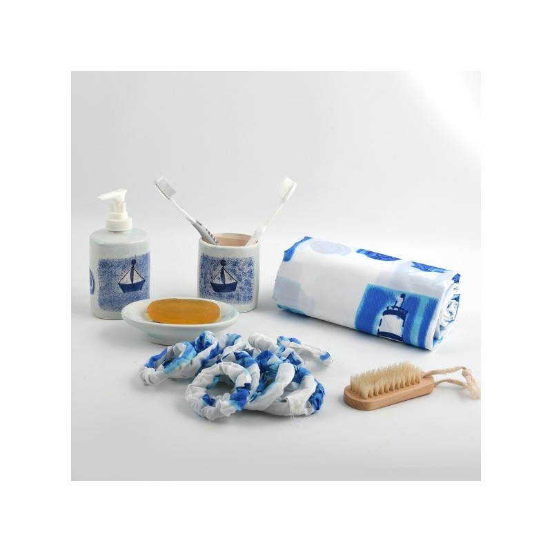 MSV Lot de d'accessoires de salle de bain BATEAUX Bleu & Blanc MSV