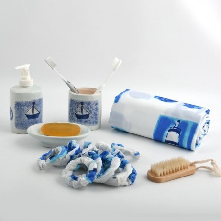 MSV Lot de d'accessoires de salle de bain BATEAUX Bleu & Blanc MSV