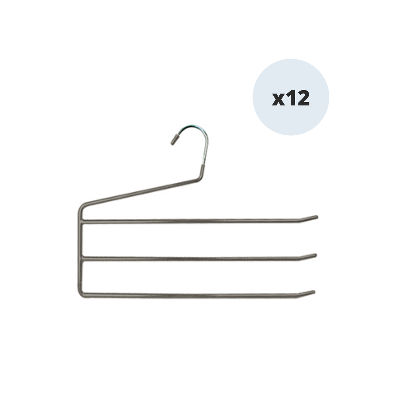 MSV Set of 12 Trouser Hangers Anti-Slip Plastic Coated Steel 3 Bars MSV