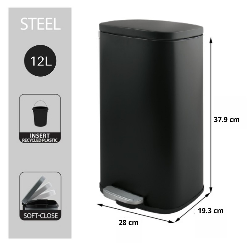 Papelera con pedal Acero AKIRA 12L Negro mate Spirella