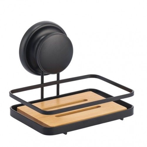 Porte Savon avec Mega Ventouse Acier & bambou Noir mat MSV