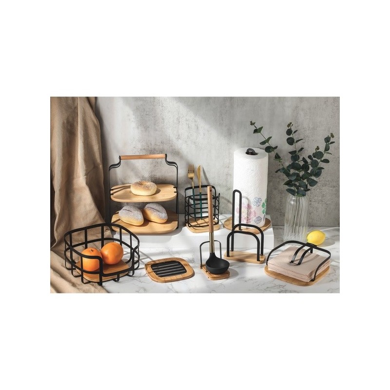 Toallero de mesa con barra de sujeción Diseño industrial Bambú y Acero ELIE Negro mate MSV