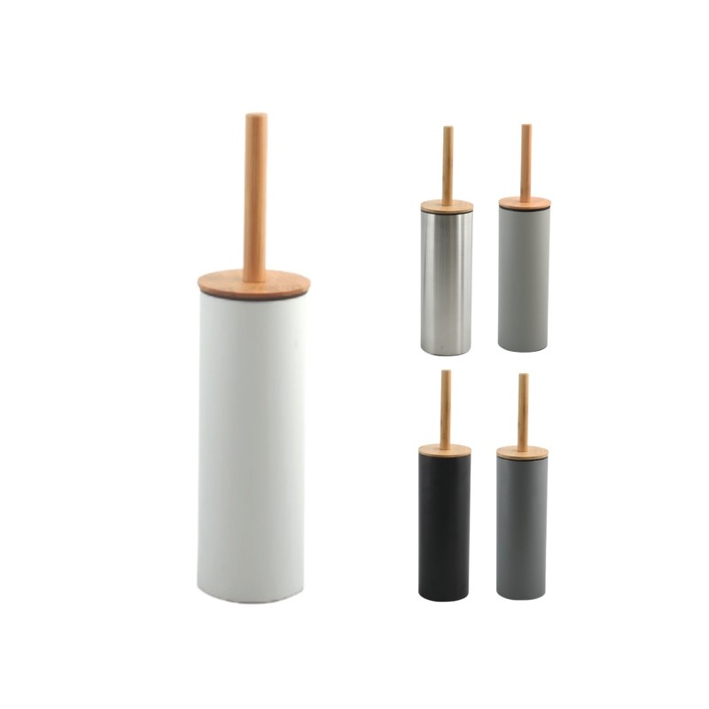 Escobillero con soporte de acero y bambú ADONIS Blanco mate - Cerdas resistentes de silicona Spirella