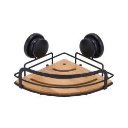 Etagère Panier de douche d'angle MEGA VENTOUSES Bambou & Acier Noir mat MSV