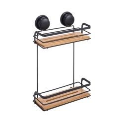 Etagère de douche à  ventouses 2 Niveaux Bambou & Acier Noir mat MSV