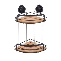 Etagère de douche d'angle à  ventouses 2 Niveaux Bambou & Acier Noir mat MSV