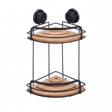 Etagère de douche d'angle à  ventouses 2 Niveaux Bambou & Acier Noir mat MSV