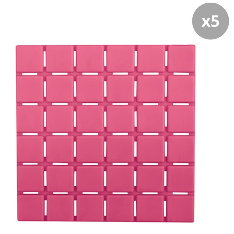Lot de 5 Tapis antidérapants de douche ou baignoire Caoutchouc QUADRO 13x13cm Fushia MSV