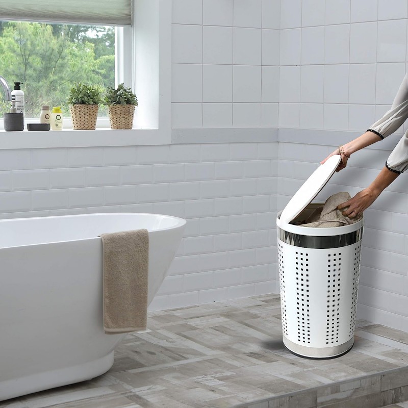 Cesto portabiancheria da 46 litri con fodera per cuscino in acciaio inox bianco MSV