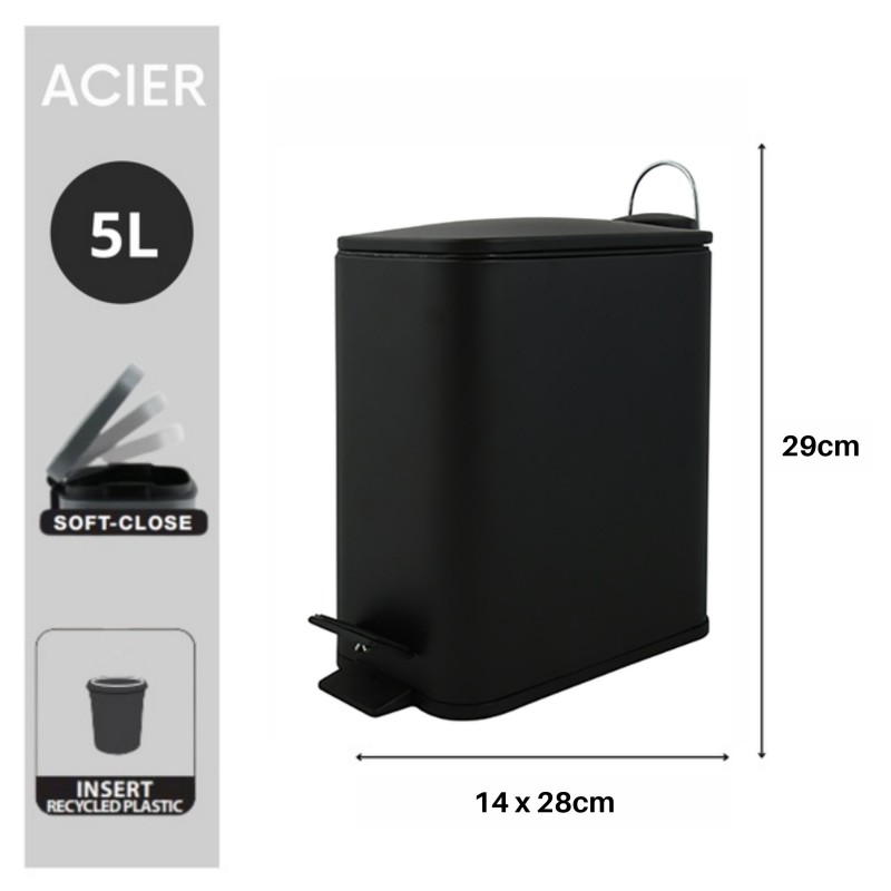 Poubelle à  pédale Acier ERIK 5L Noir mat Spirella