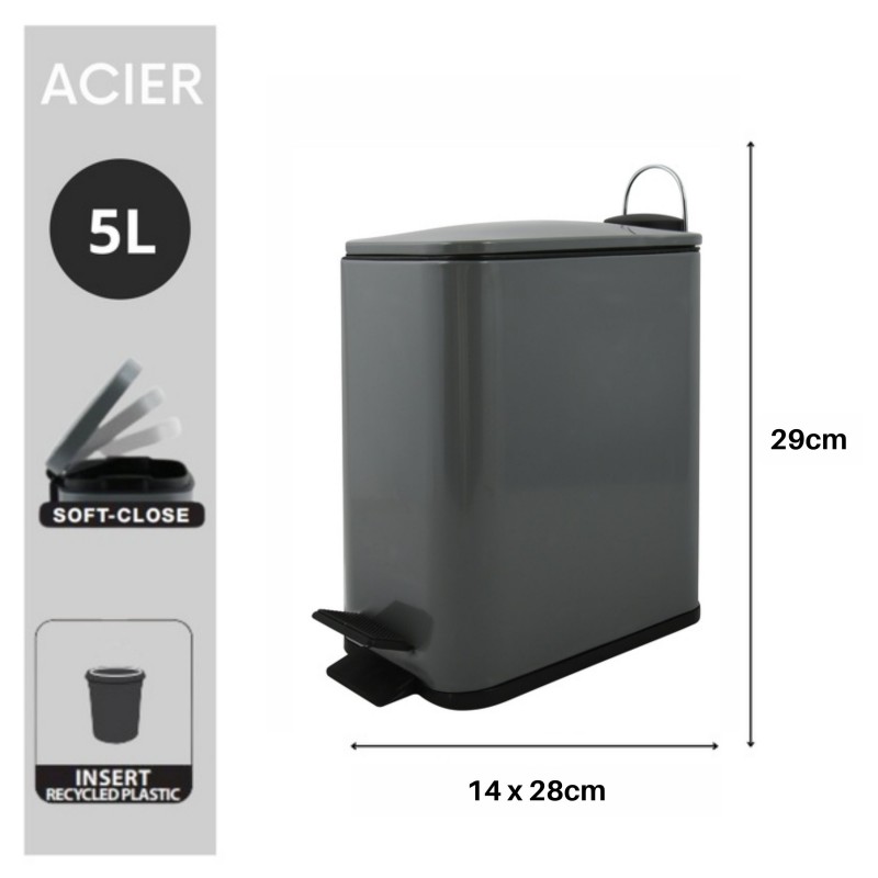 Poubelle à  pédale Inox ERIK 5L Gris mat Spirella